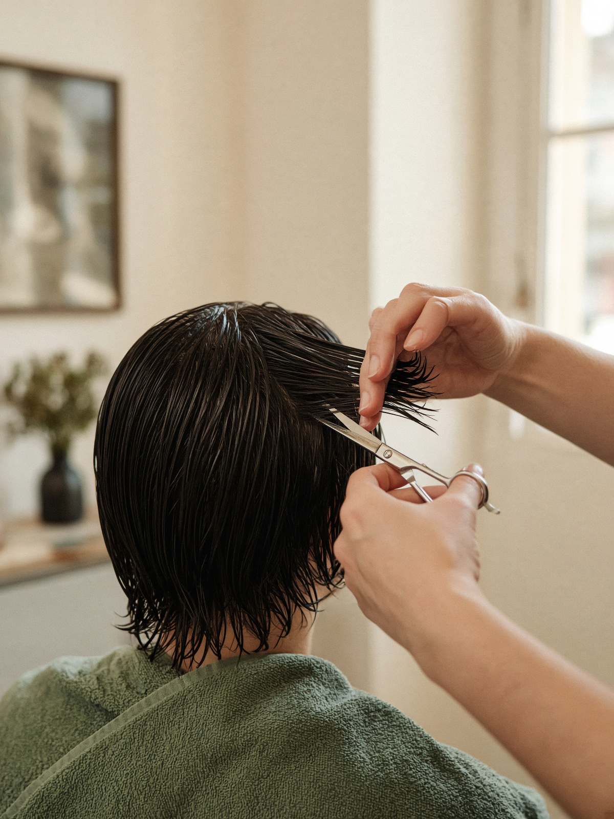 Hände beim Schneiden nassen Haars im Salon