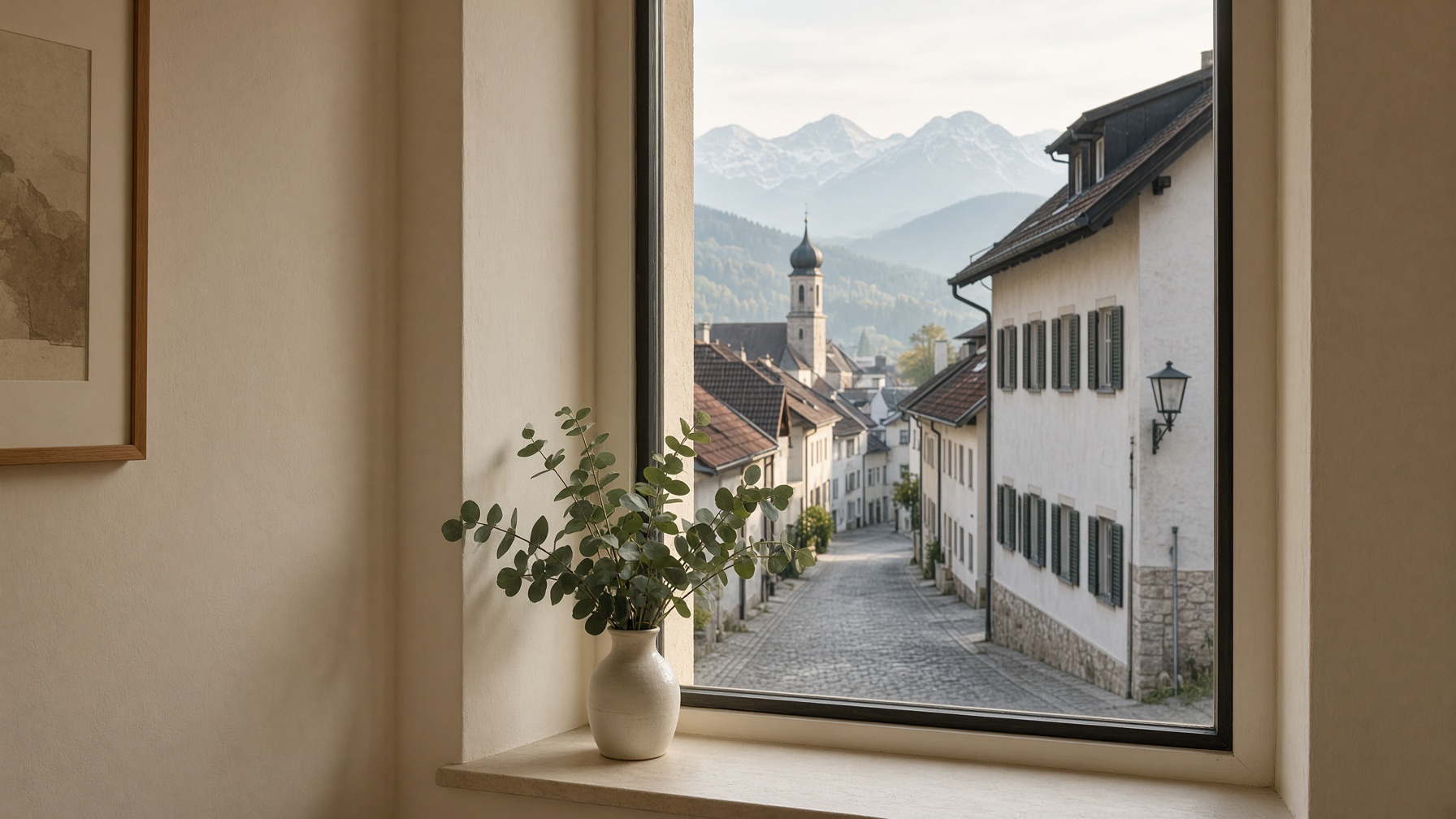Blick aus dem Salon auf Sonthofen im Morgenlicht